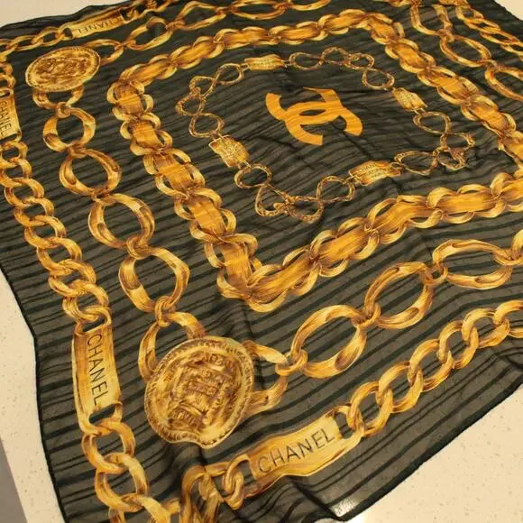 Vintage Chanel Scarf Silk Chain Print Green Square 90s Old Money 36x36 - Picture 4 of 12